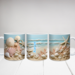 Name printed seashells ceramic coffee cup. 3D sand effect mug close-up view. Coastal home decor coffee mug. 